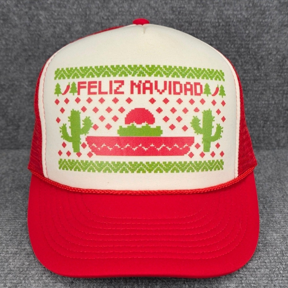 Feliz Navidad Hat Cap Snap Back One Size Red Cactus Retro Christmas Trucker Mens